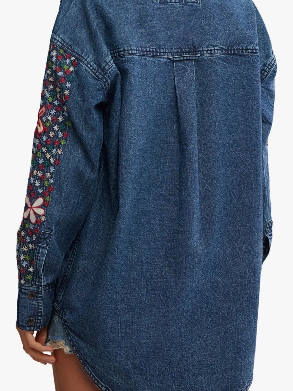 NWT Free People Denim Rainbow 🌈 Embroidered Button-Down Shirt, Size L
